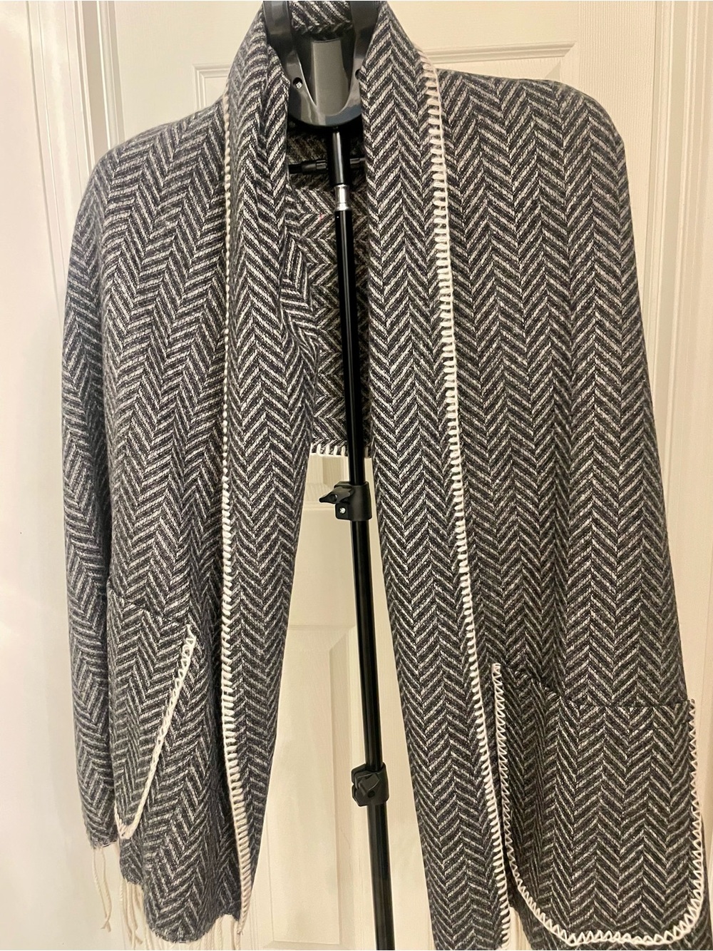 Gray and Cream Herringbone Knit Wrap Cardigan